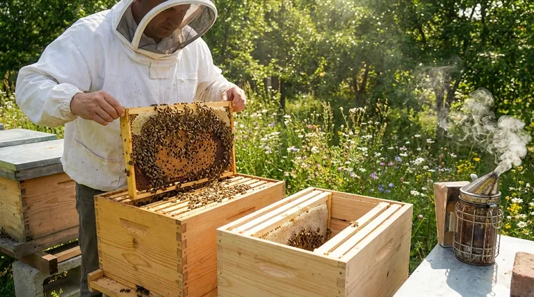 Quelle est la composition typique d'une colonie mère forte utilisée pour créer une ruchette (nuc) ? Construire une ruchette florissante à partir d'une ruche surpuissante