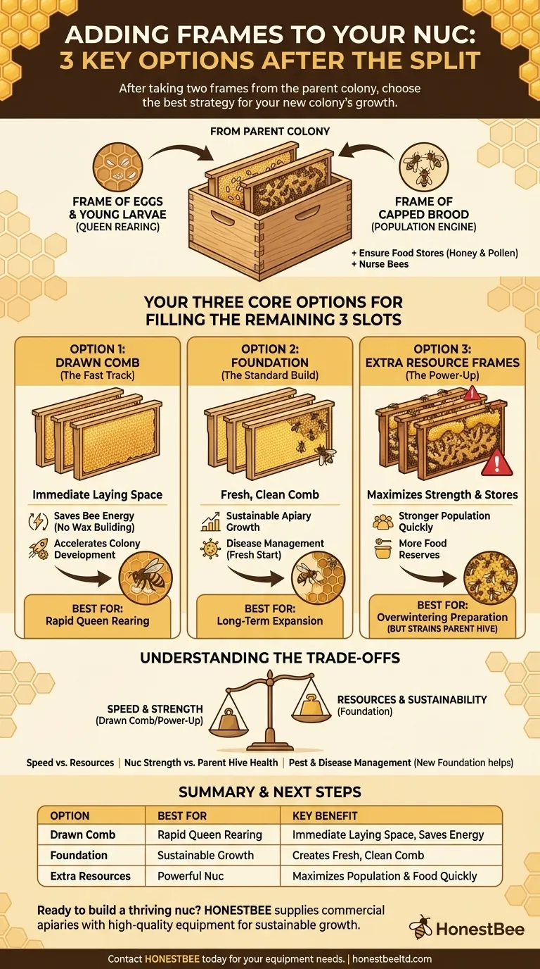 What are the options for adding frames to a nuc after taking two frames from the parent colony? Visual Guide