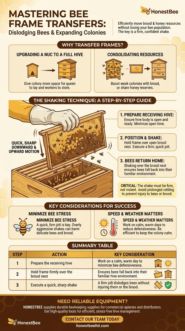 How are bees dislodged from frames? Master the Shaking Technique for Efficient Colony Transfers Visual Guide