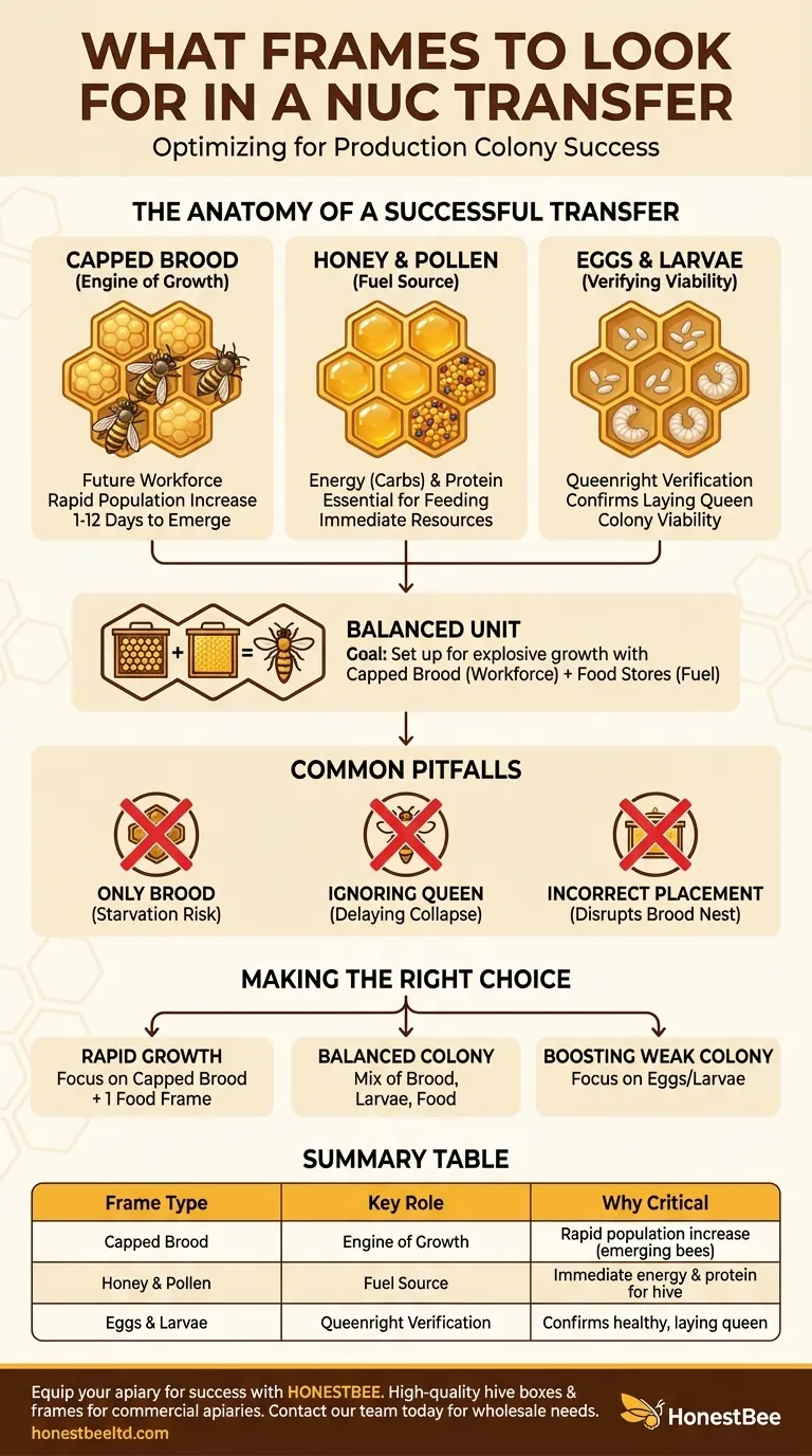 What type of frames should be looked for in a nuc when transferring to a production colony? Build a Thriving Hive Fast Visual Guide