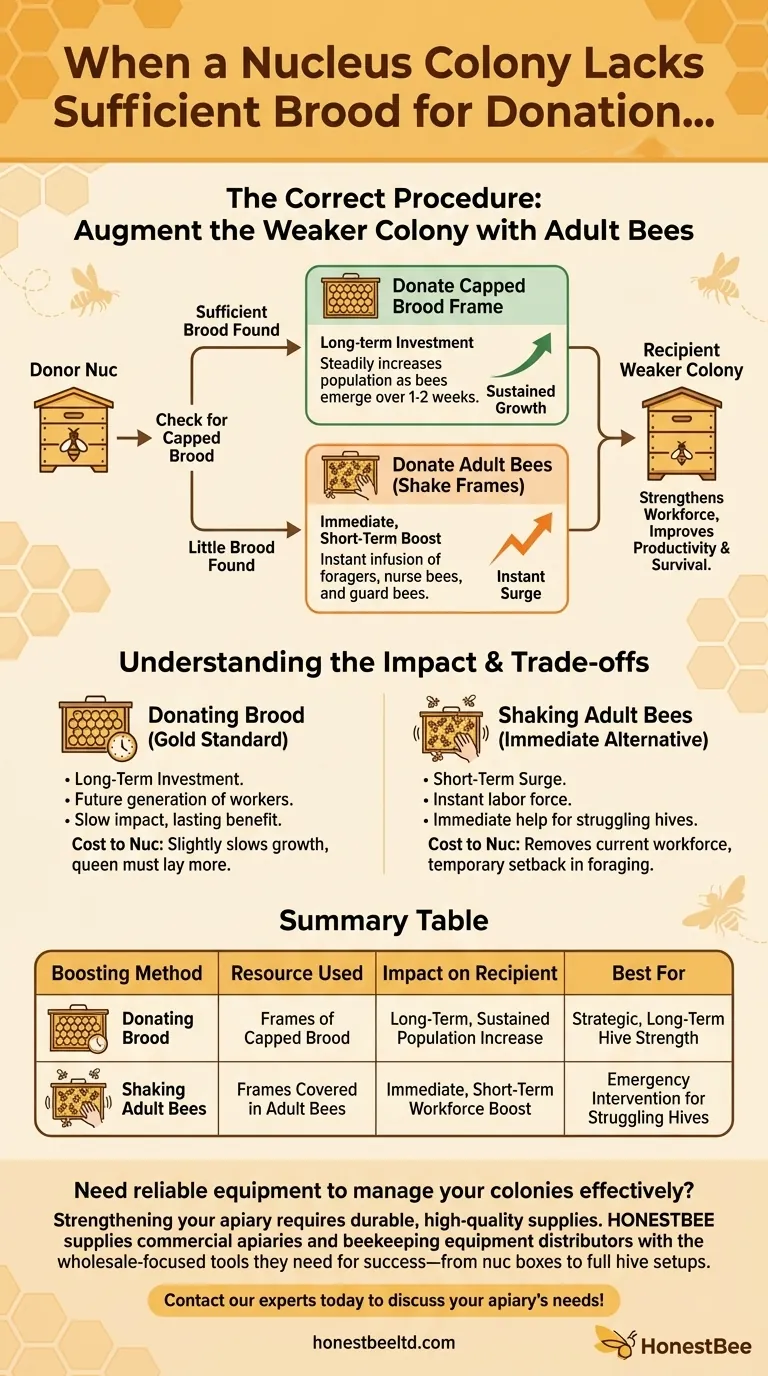 What should be done if a nuc has little brood to donate? Boost Weak Colonies with Adult Bees Visual Guide