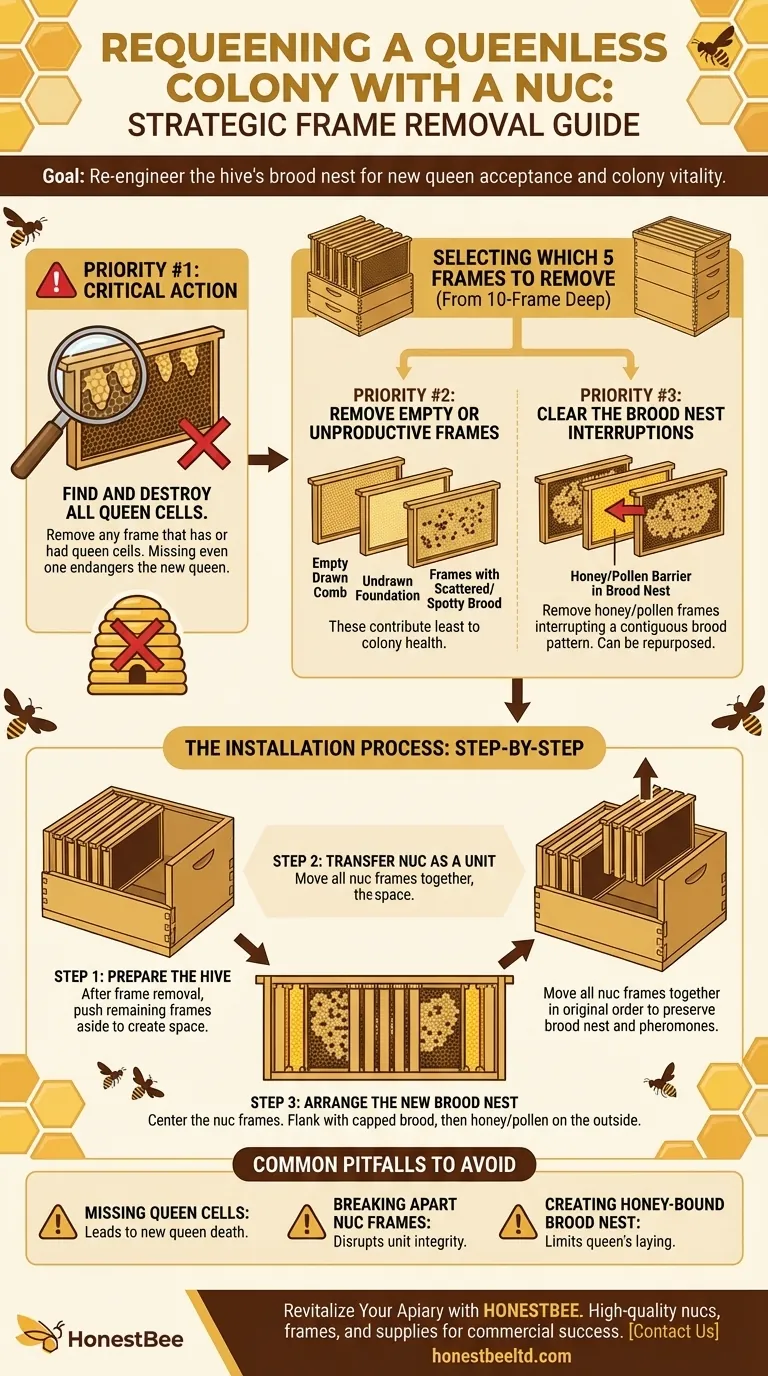 Quais quadros devem ser removidos de uma colmeia de tamanho normal sem rainha ao introduzir uma nova rainha com um enxame de núcleo (nuc)? Um guia estratégico para o sucesso Guia Visual