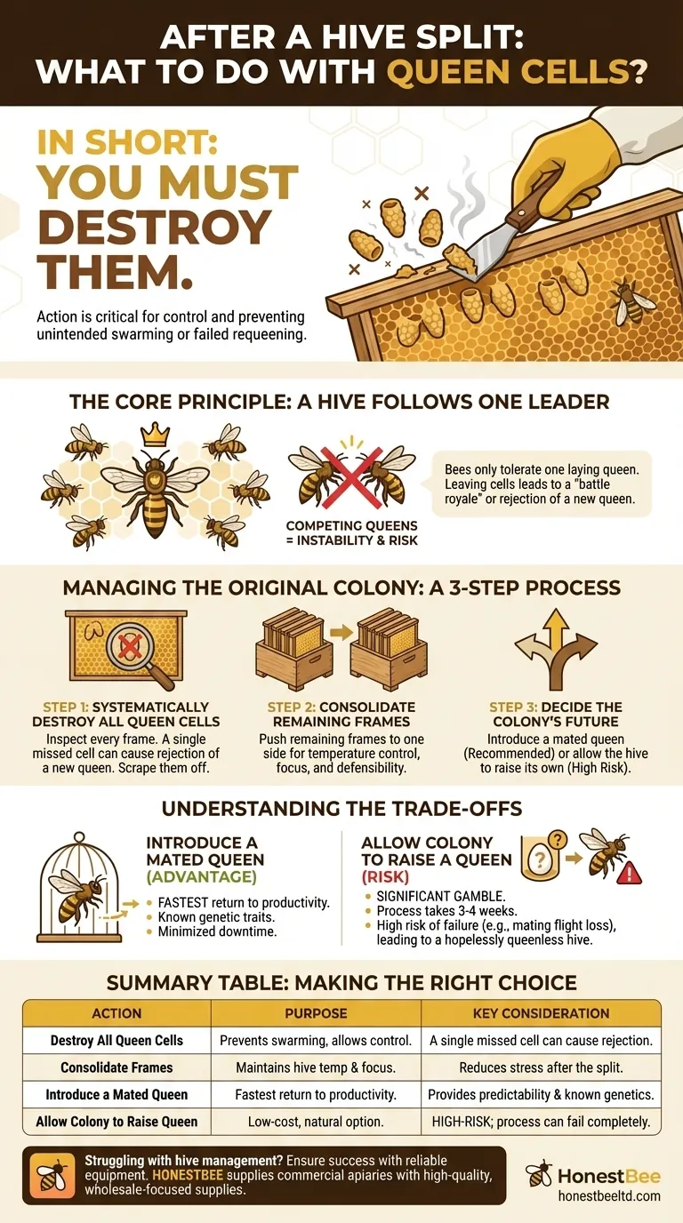 What should be done with the queen cells left on the frames? A Guide to Maintaining Hive Control Visual Guide