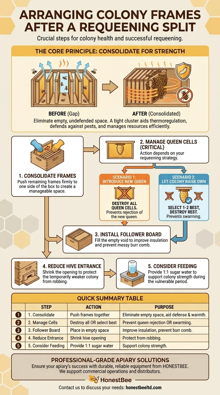 Come dovrebbero essere disposti i telaini nell'arnia a grandezza naturale dopo aver rimosso i telaini per il cambio della regina? Una guida al consolidamento dell'alveare Guida Visiva