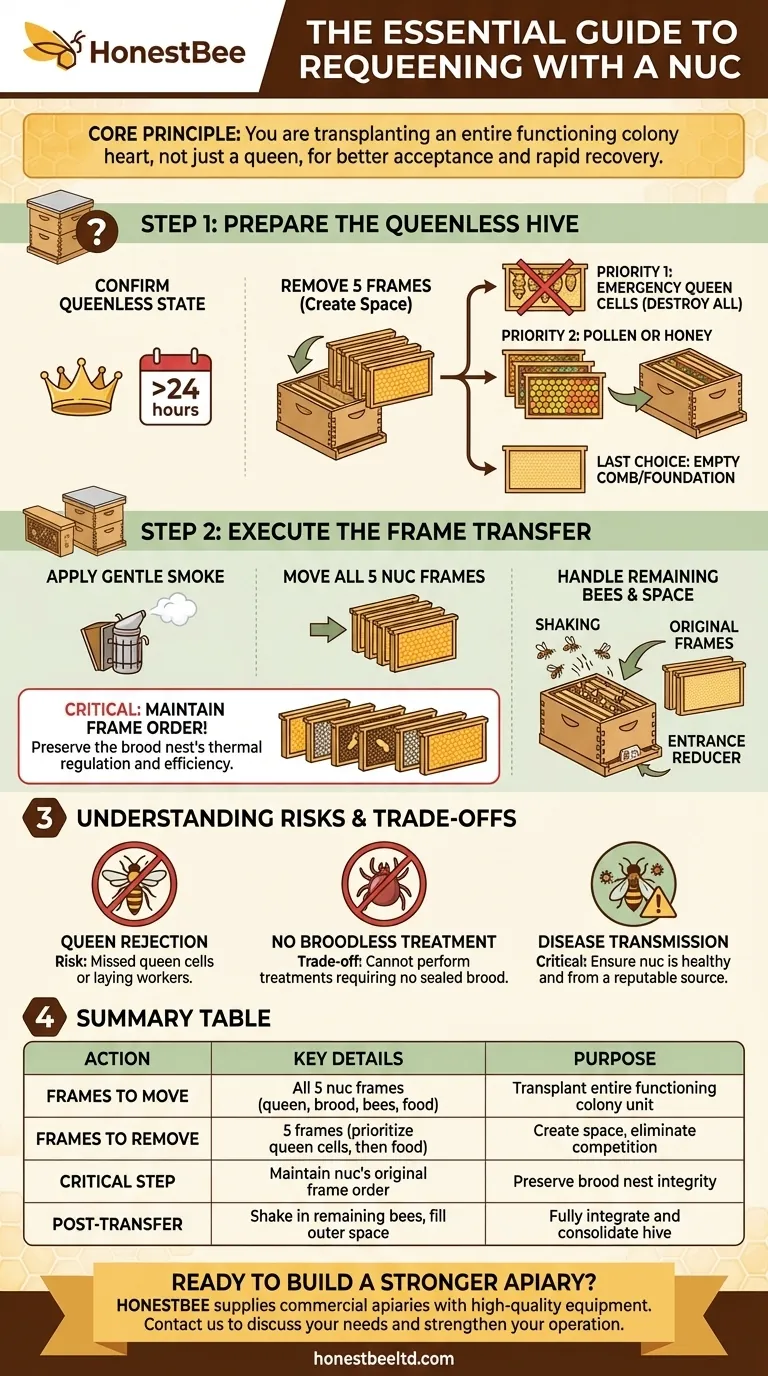 What frames should be moved into the queenless hive when requeening with a nuc? Ensure a Successful Queen Introduction Visual Guide