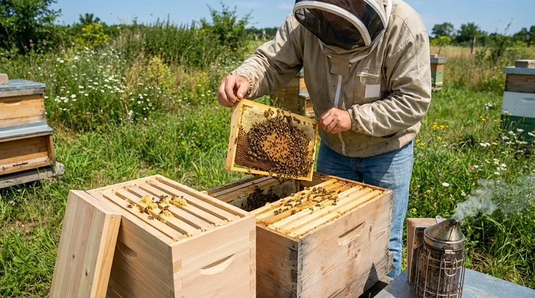 当用蜂群小盒(nuc)更换蜂王时,应将哪些蜂脾移入无王蜂箱?确保蜂王成功引入