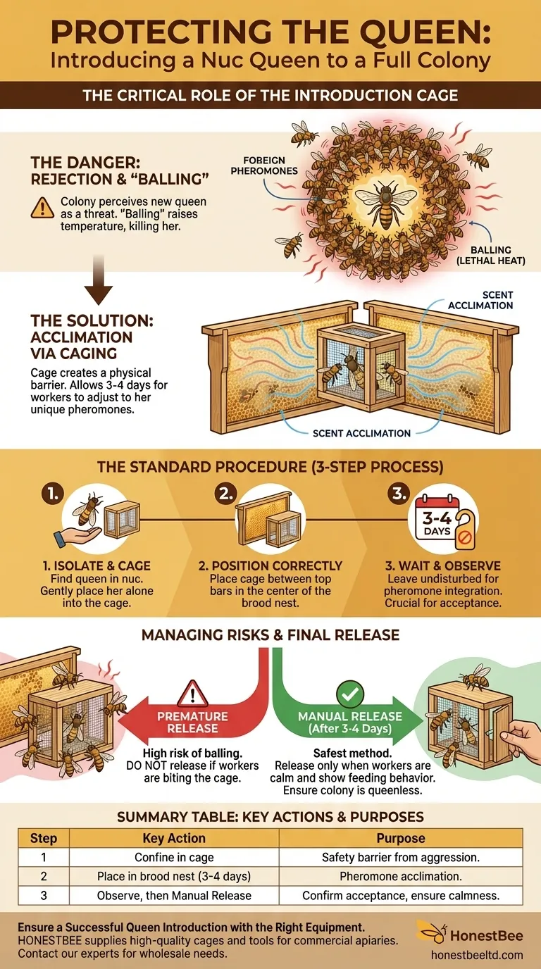 Como a rainha de um enxame de núcleo (nuc) deve ser protegida ao ser introduzida na colmeia de tamanho normal? O Método Essencial de Gaiolamento Guia Visual