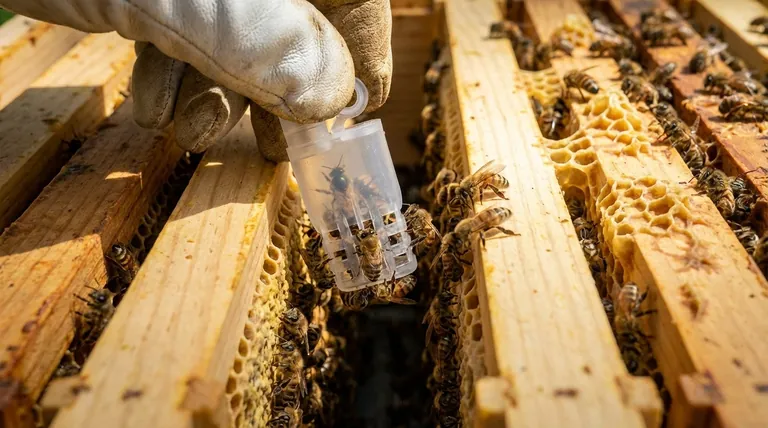 Como a rainha de um enxame de núcleo (nuc) deve ser protegida ao ser introduzida na colmeia de tamanho normal? O Método Essencial de Gaiolamento
