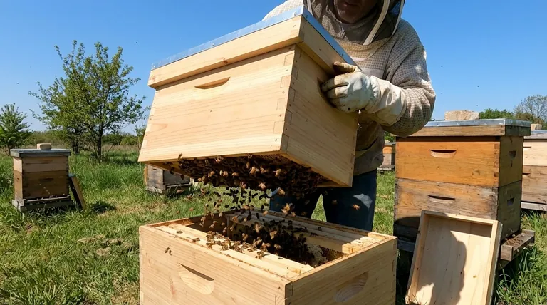 What should be done with the remaining bees in the nuc after transferring frames? Ensure a Successful Colony Transfer