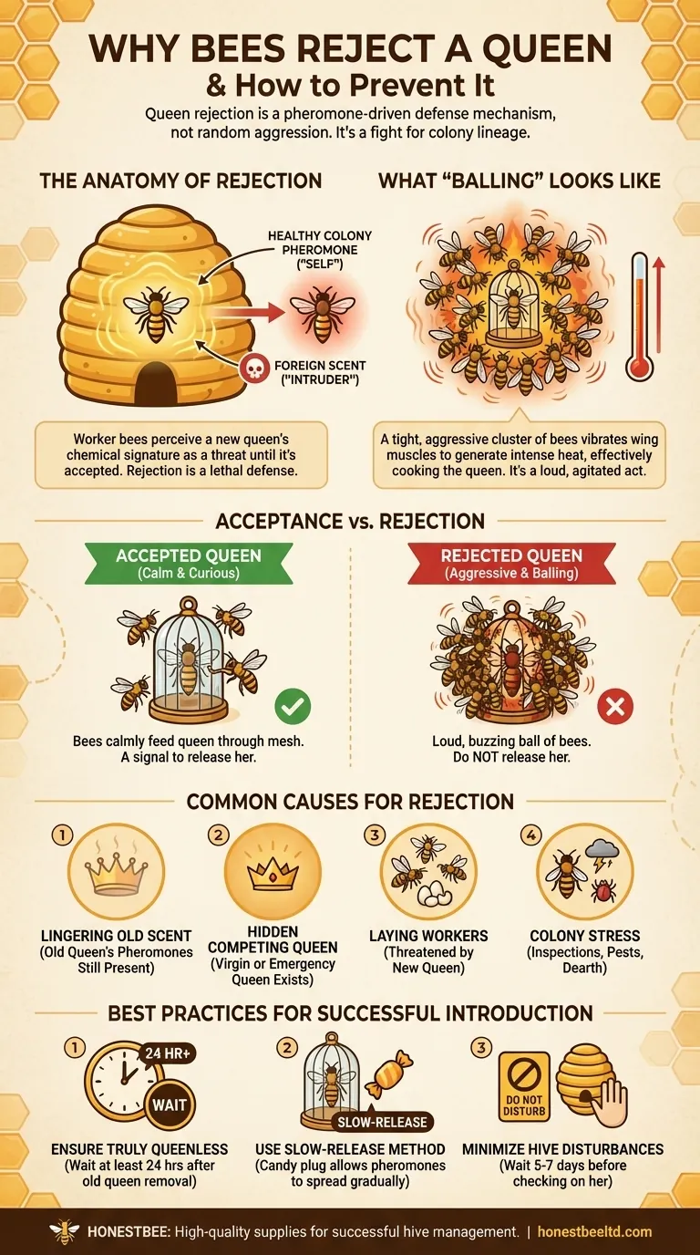 What happens when bees do not recognize a queen as part of their hive? The Deadly Process of Queen Rejection Visual Guide