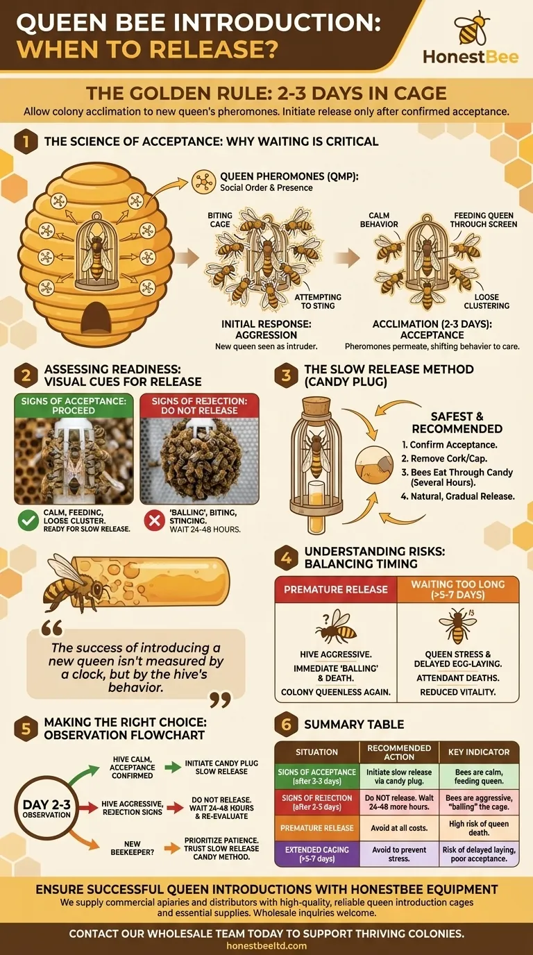 How long should a queen bee stay in the cage before being released? Ensure a Successful Introduction Visual Guide