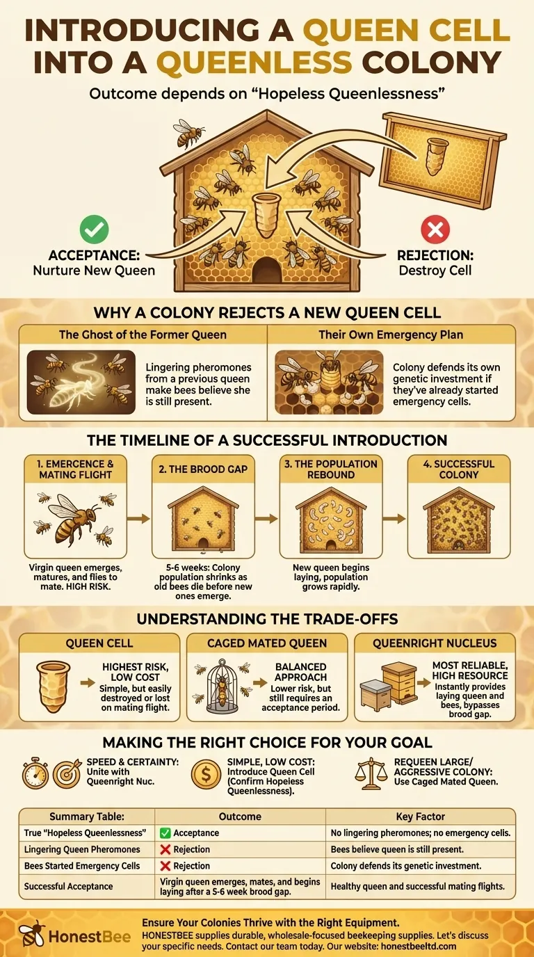 What happens when a queen cell is introduced into a queenless colony? Ensure Successful Requeening Visual Guide