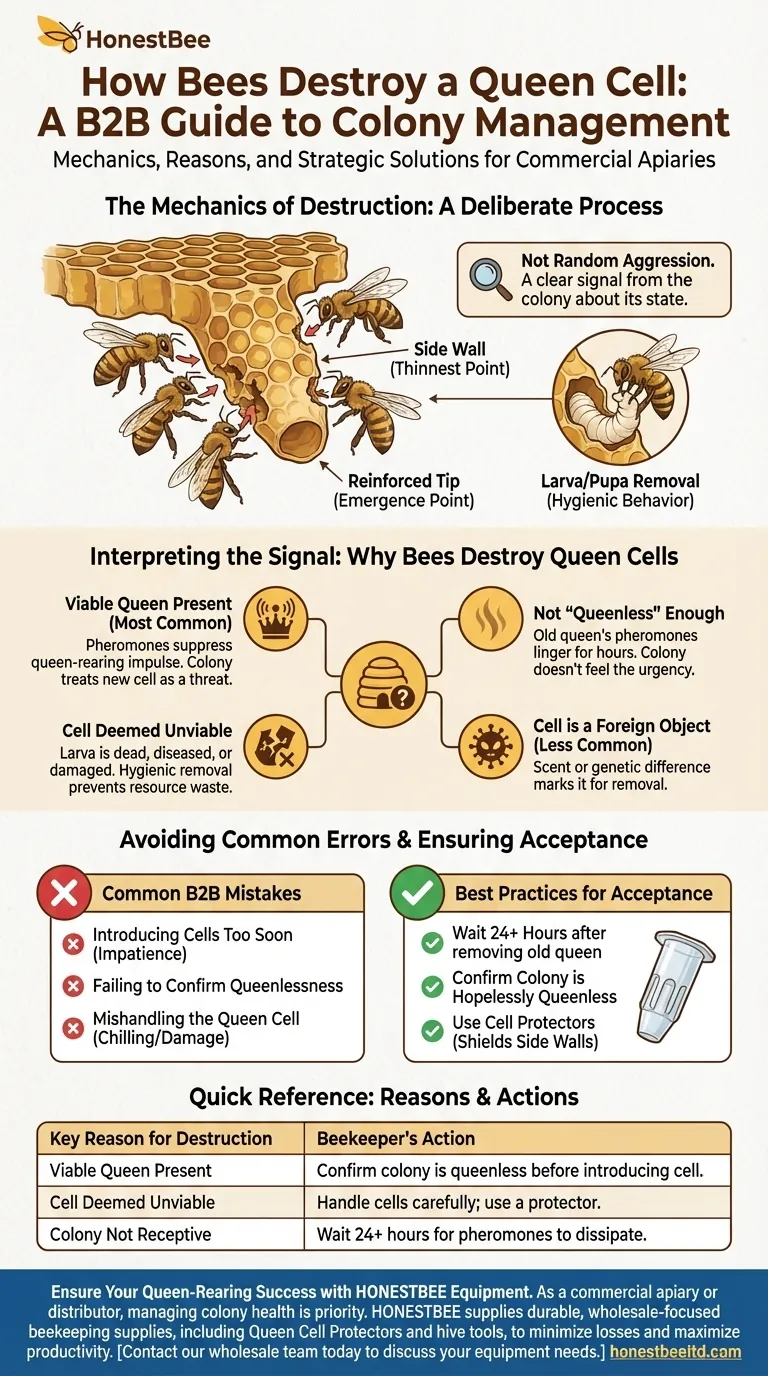 How do bees typically destroy a queen cell? A Guide to Successful Queen Rearing Visual Guide