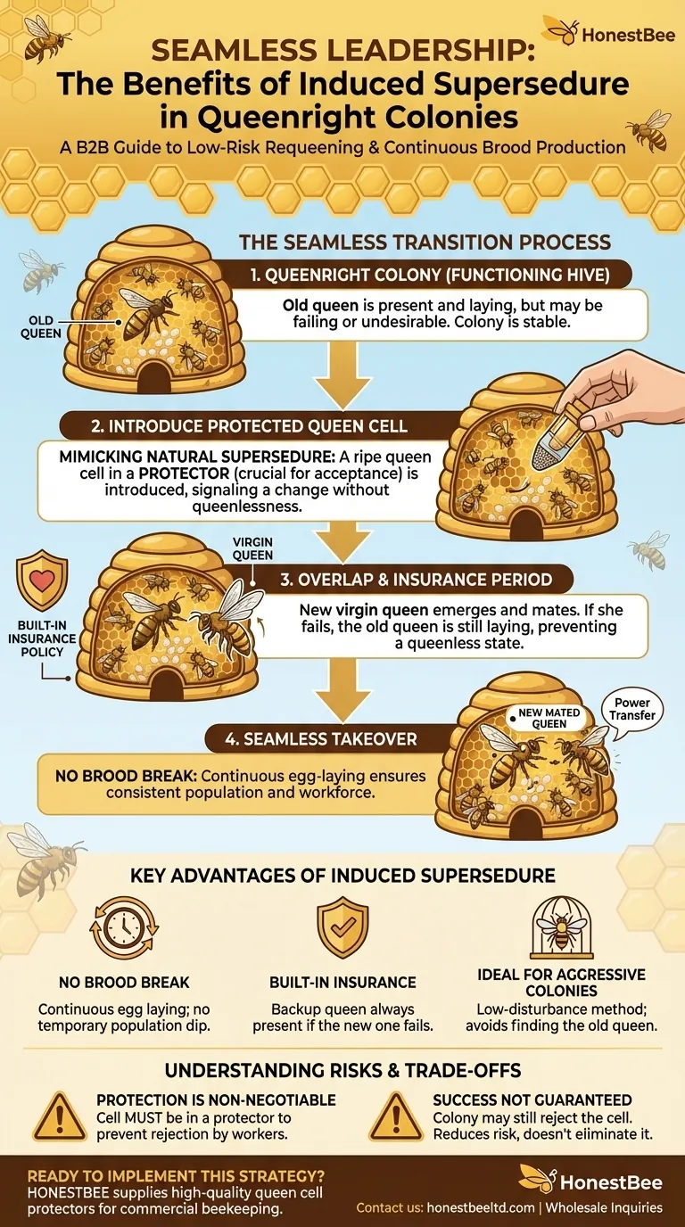 What is the benefit of inducing supersedure by giving a queenright colony a protected queen cell? A Seamless Requeening Method Visual Guide