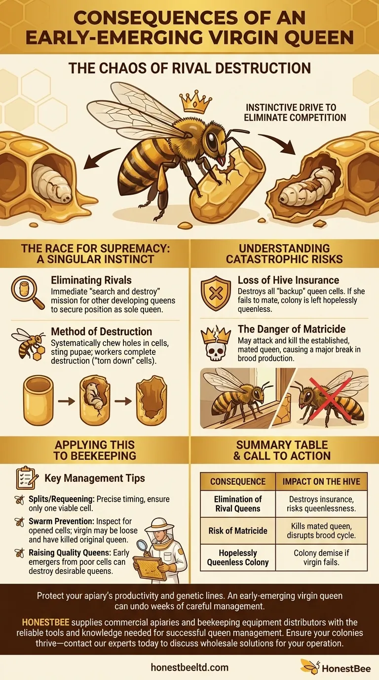 What are the consequences of an early-emerging virgin queen? Prevent Hive Chaos and Protect Your Queen Line Visual Guide