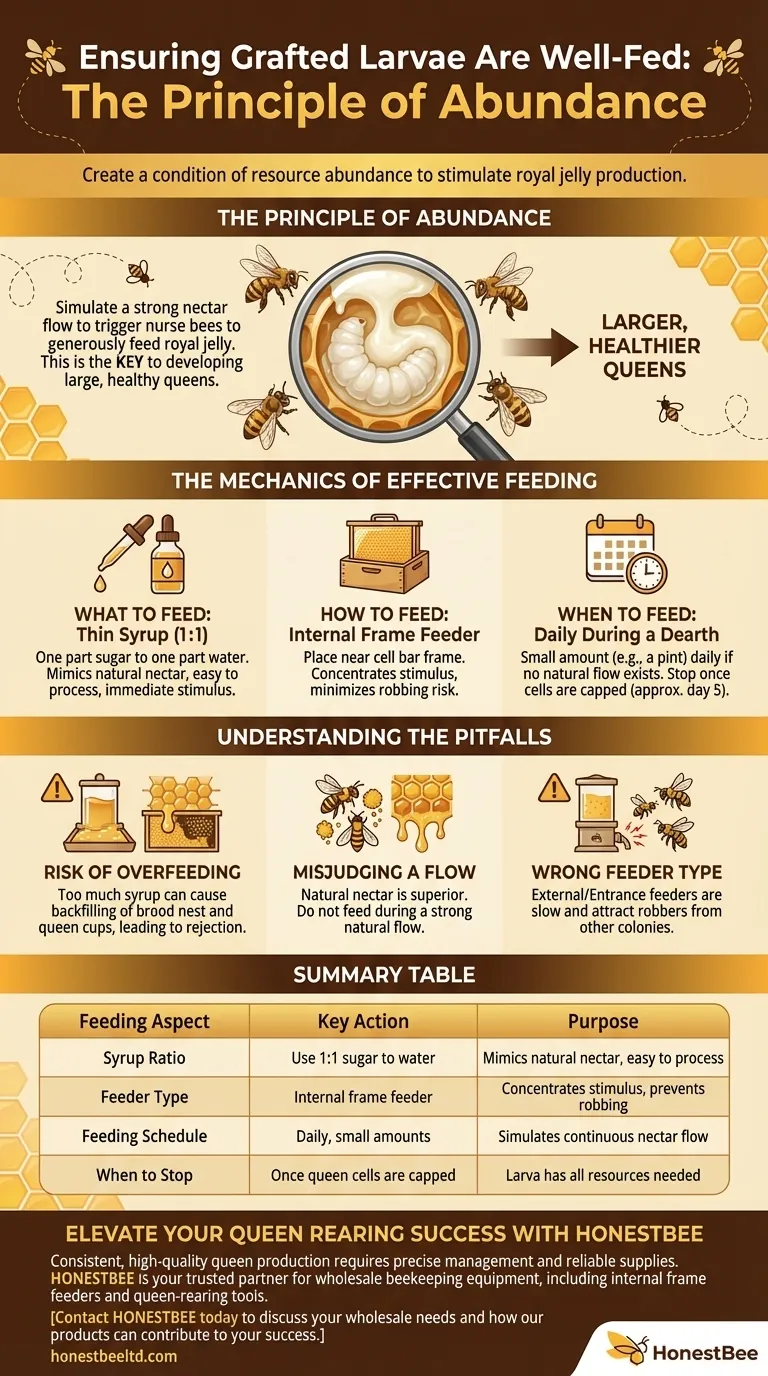 What should be done to ensure grafted larvae are well-fed? Master the Principle of Abundance for Queen Rearing Visual Guide
