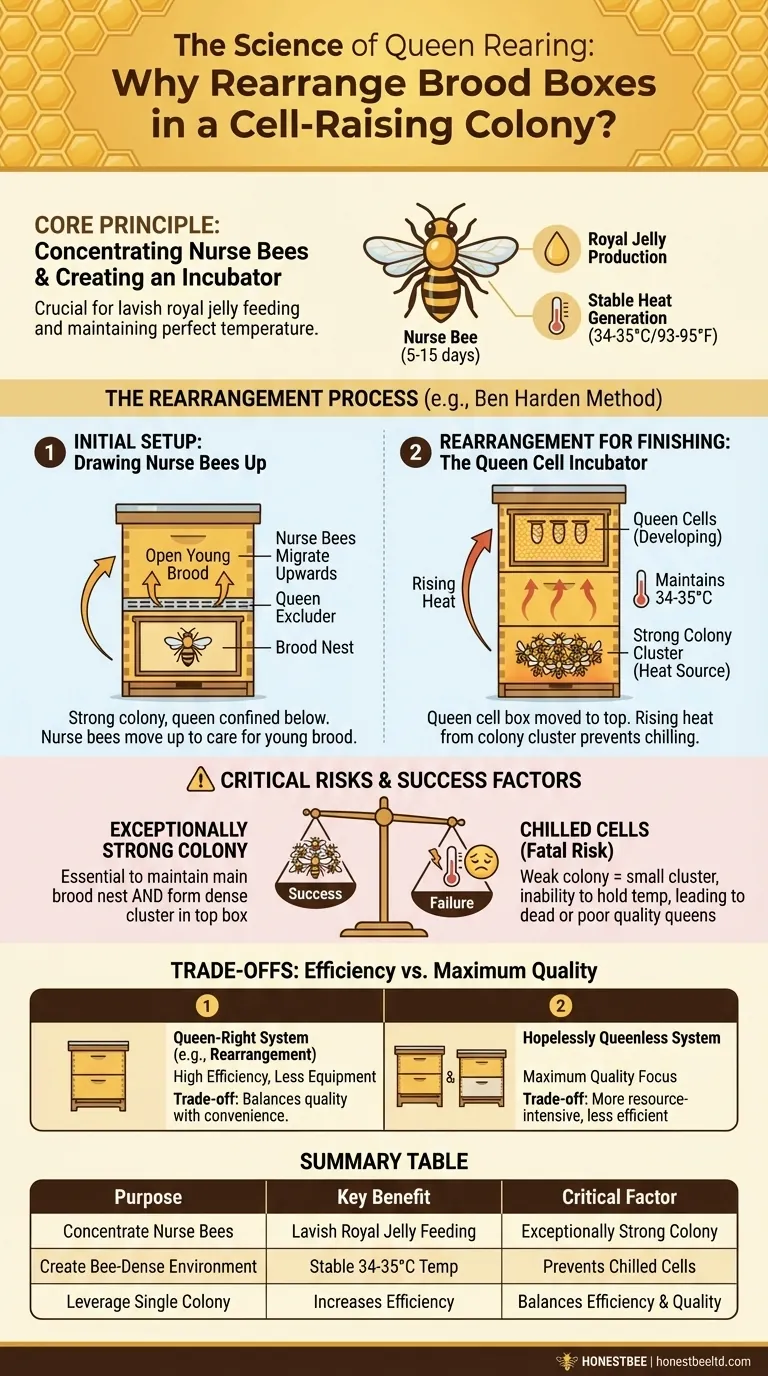 What is the purpose of rearranging the brood boxes in a cell-raising colony? Boost Queen Quality with Strategic Hive Management Visual Guide
