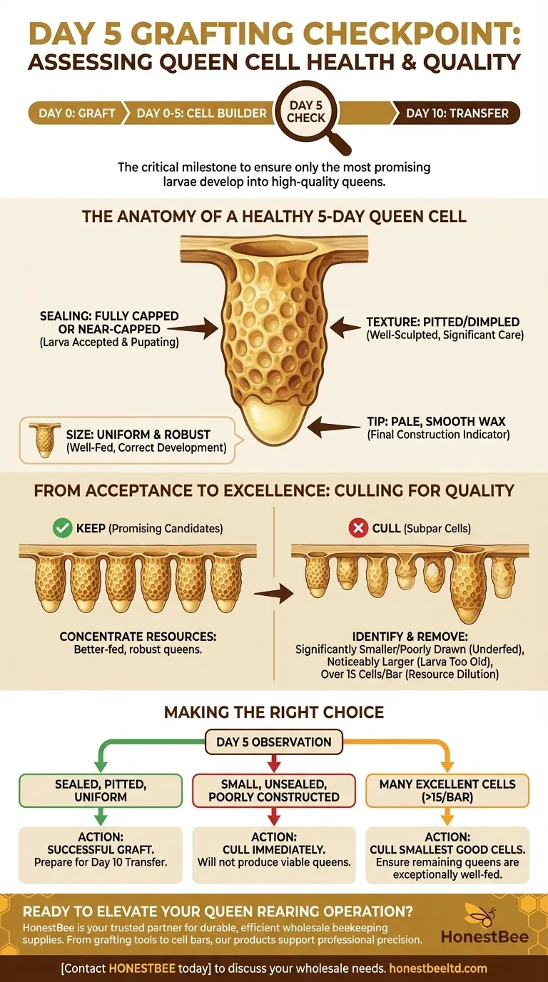What should be the condition of grafted cells five days after grafting? A Guide to Queen Rearing Success Visual Guide