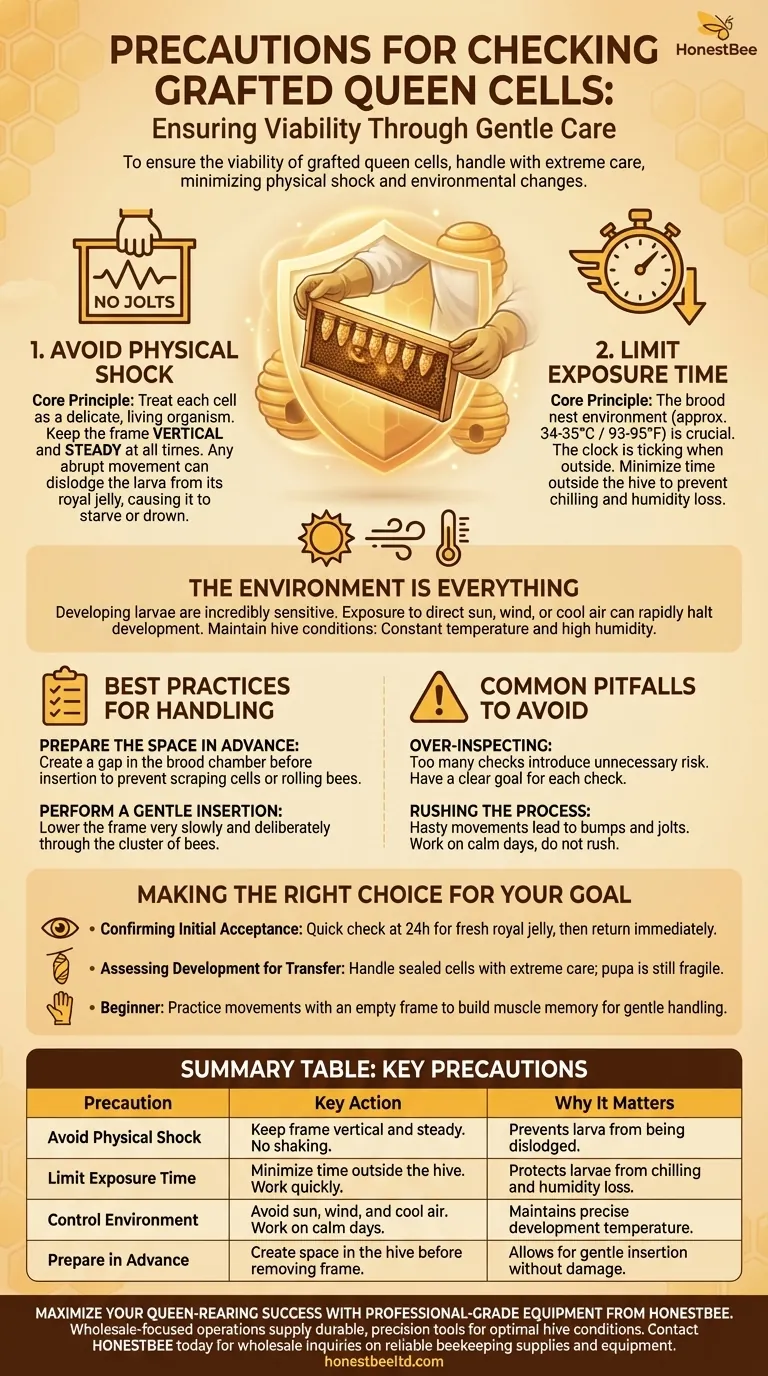 What precautions should be taken when checking grafted cells? Protect Your Queen Rearing Success Visual Guide