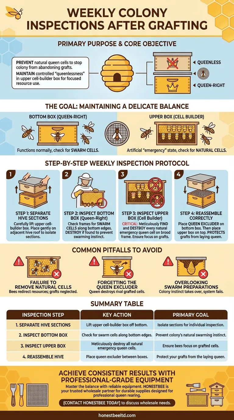 What should be done during weekly colony inspections after grafting? Ensure Your Queen-Rearing Success Visual Guide