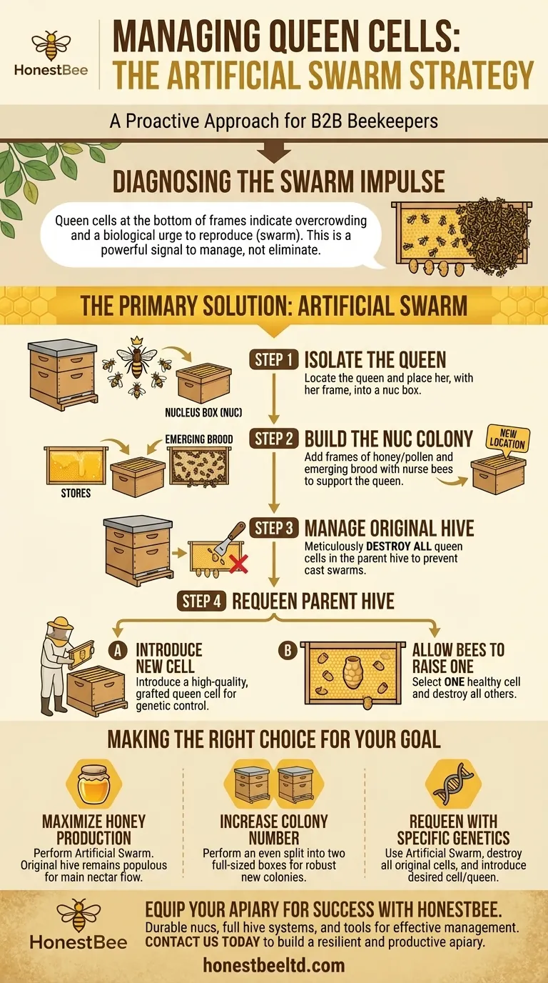 What should be done if queen cells are found in the bottom box during inspection? Master the Artificial Swarm Technique Visual Guide