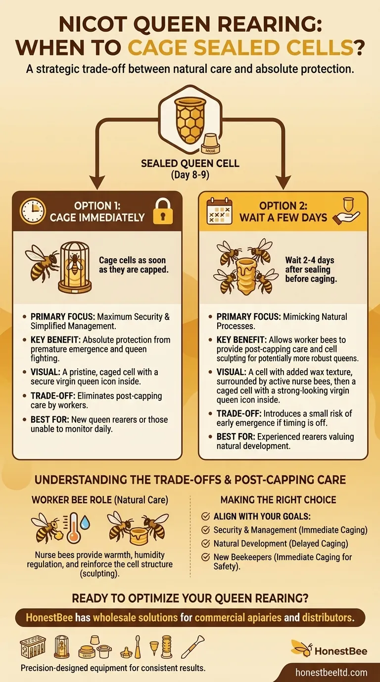 When should cages be added to sealed cells in the Nicot Cupkit system? Balance Queen Safety & Natural Development Visual Guide