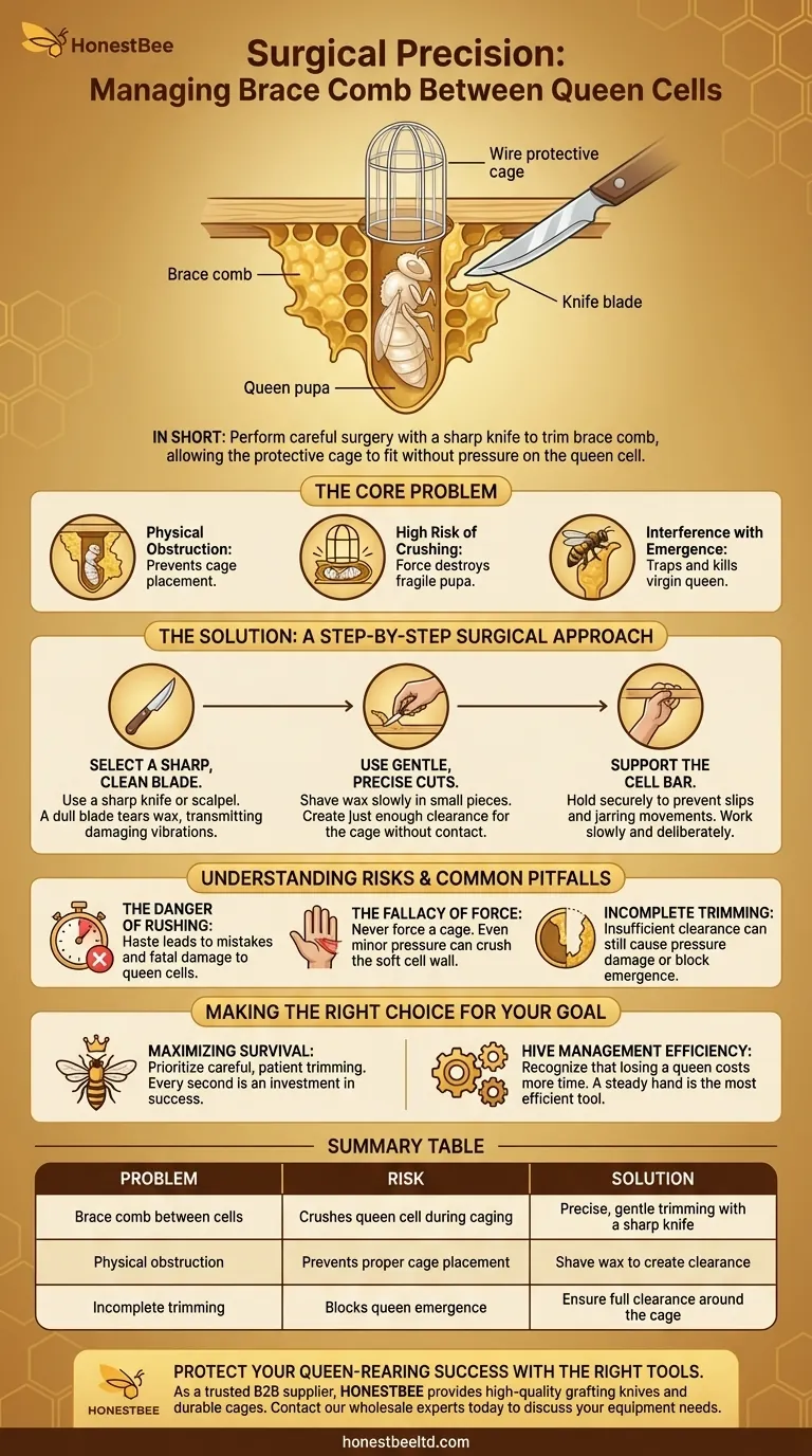 What should be done if brace comb is built between cells before adding cages? A Guide to Safe Queen Cell Surgery Visual Guide