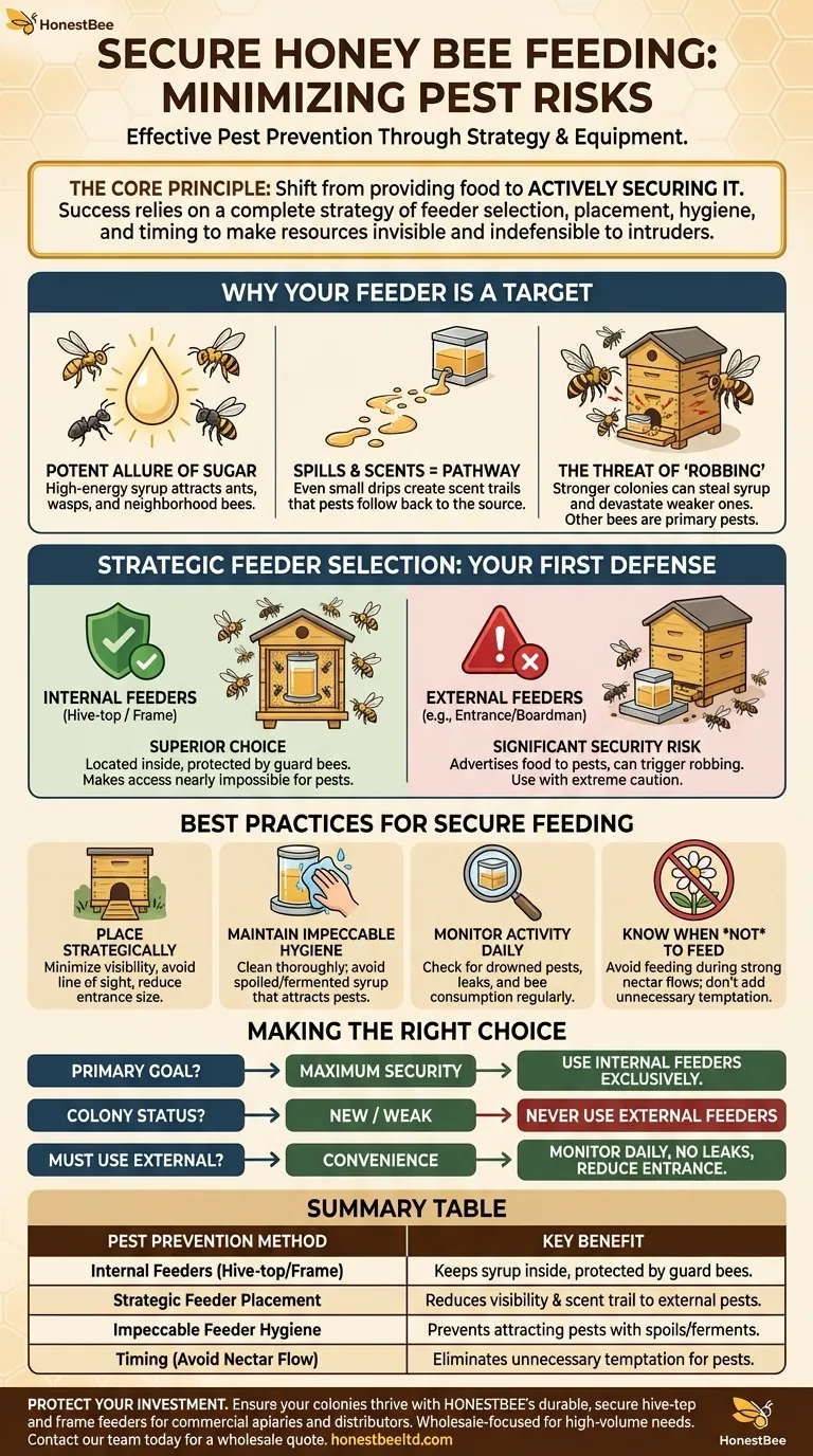 How can pests be minimized when using honey bee feeders? Secure Your Hive's Food Source Visual Guide