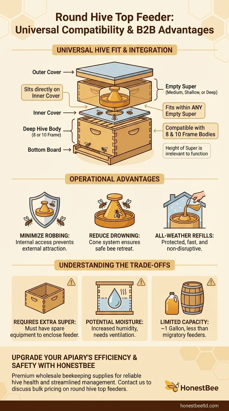 What types of hive boxes is the round hive top feeder compatible with? Universal Fit for 8 & 10-Frame Langstroth Hives Visual Guide
