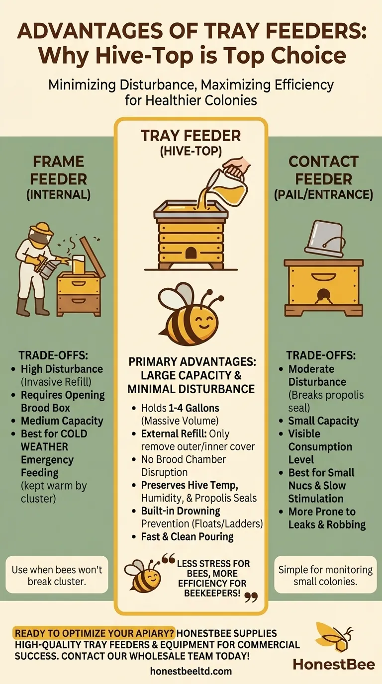 What are the advantages of tray feeders over contact and frame feeders? Maximize Hive Health & Efficiency Visual Guide