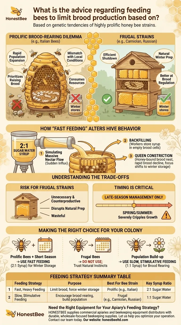 Qual é o conselho sobre a alimentação das abelhas para limitar a produção de cria com base em? Gerenciando Linhagens de Abelhas Prolíficas Guia Visual