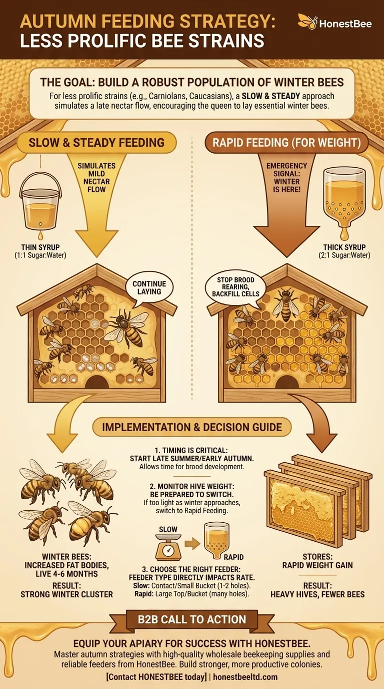 번식력이 낮은 벌 품종을 위한 가을 권장 먹이 공급 전략은 무엇인가요? 느린 먹이 공급으로 겨울 생존율 높이기 시각적 가이드