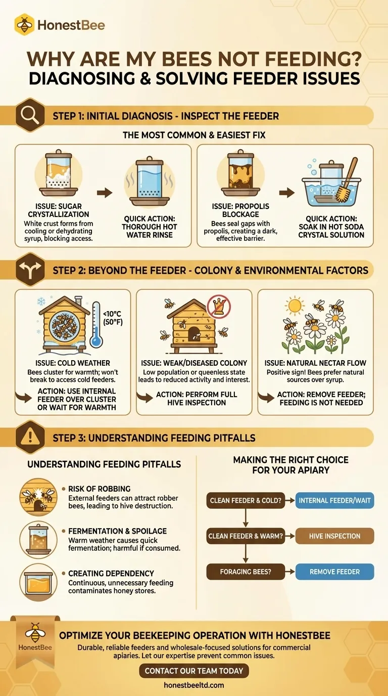 What should be checked if bees do not seem to consume the feed? Diagnose Hive Feeding Problems Fast Visual Guide
