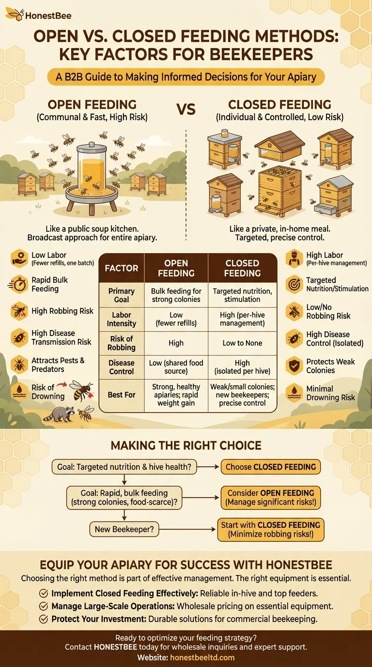 What factors should beekeepers consider when deciding between open and closed feeding methods? Optimize Nutrition and Hive Health Visual Guide