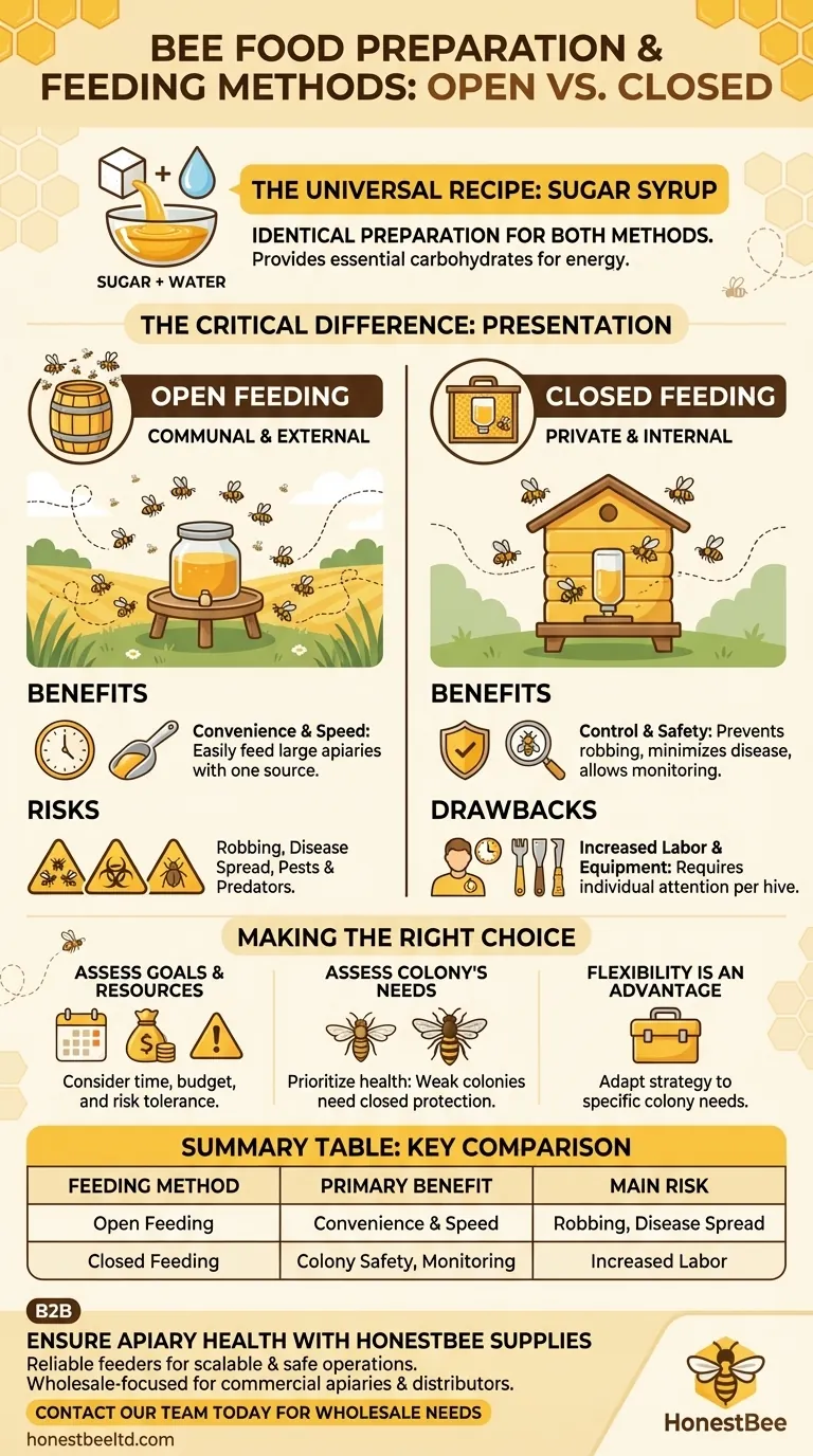 How is bee food prepared for both open and closed feeding methods? Master the Recipe & Strategy Visual Guide