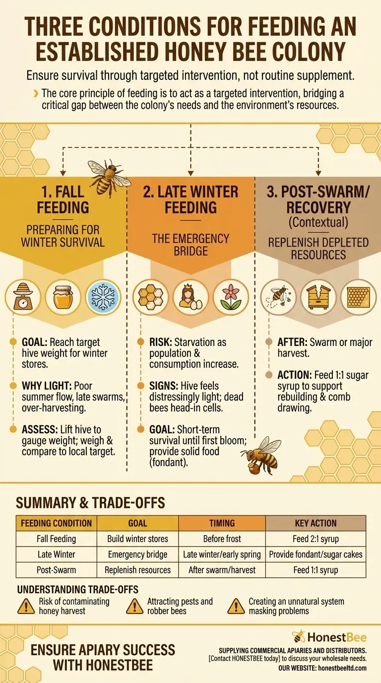 What are the three conditions under which a beekeeper might feed an established colony? Prevent Winter Starvation Visual Guide