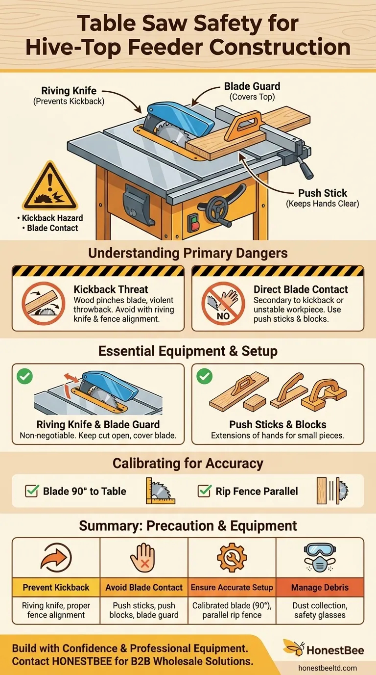 What safety precautions should be taken when using a table saw for constructing a hive-top feeder? Visual Guide