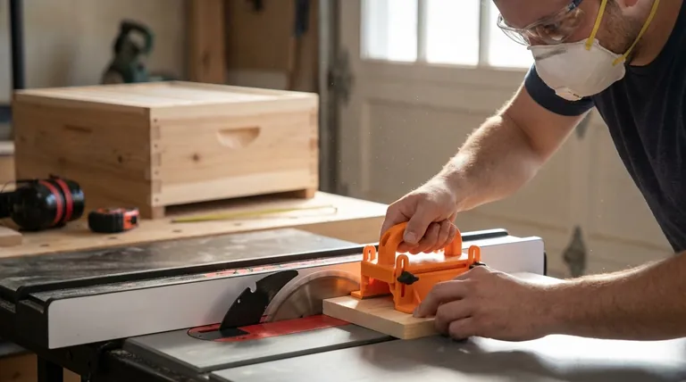 What safety precautions should be taken when using a table saw for constructing a hive-top feeder?