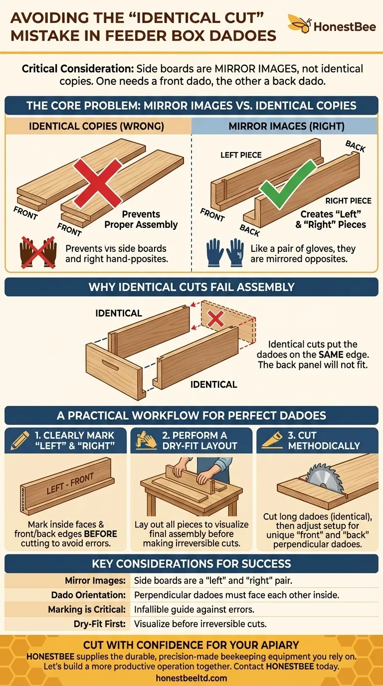 What should be considered before cutting dadoes in both long sides of the feeder box? Avoid This Common Assembly Mistake Visual Guide