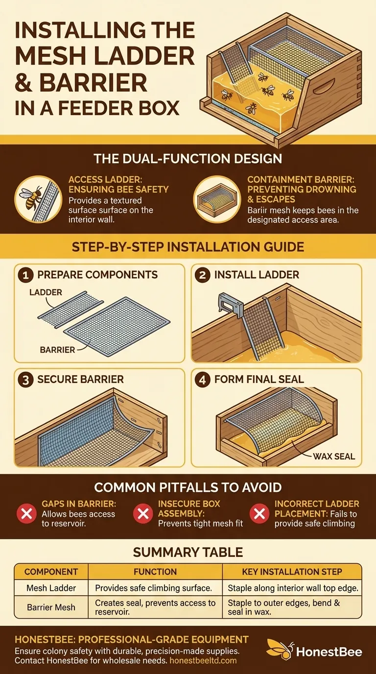 How is the mesh ladder and barrier installed in the feeder box? A Step-by-Step Guide to Prevent Bee Drowning Visual Guide