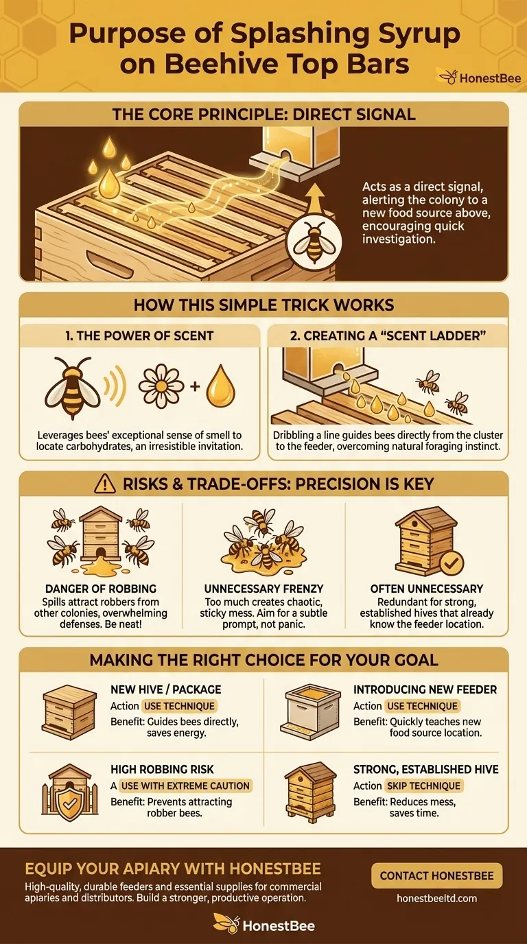 What is the purpose of splashing syrup on top bars? Guide Bees to the Feeder Fast Visual Guide