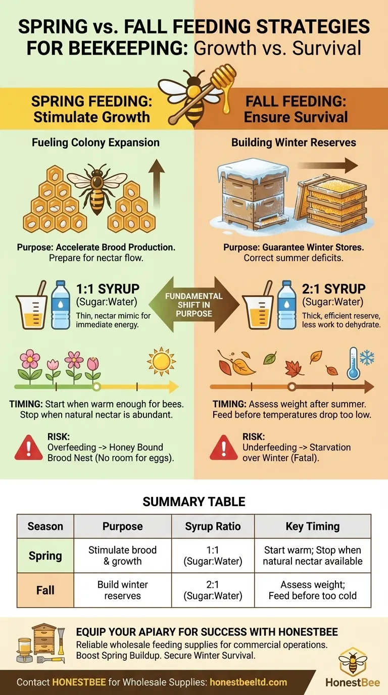 How does the feeding strategy differ between spring and fall? Optimize Your Hive's Seasonal Nutrition Visual Guide