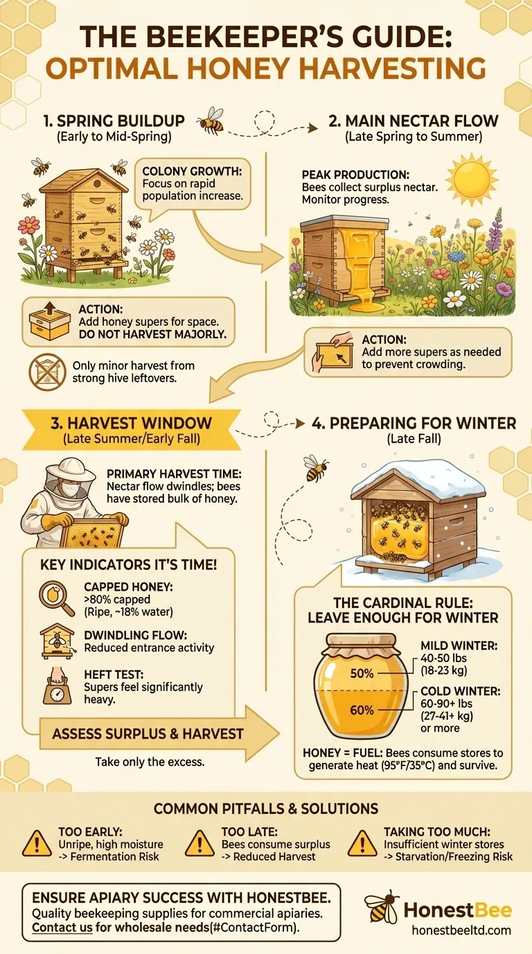 When is it recommended to harvest surplus honey from established hives? Timing Your Harvest for Colony Health Visual Guide