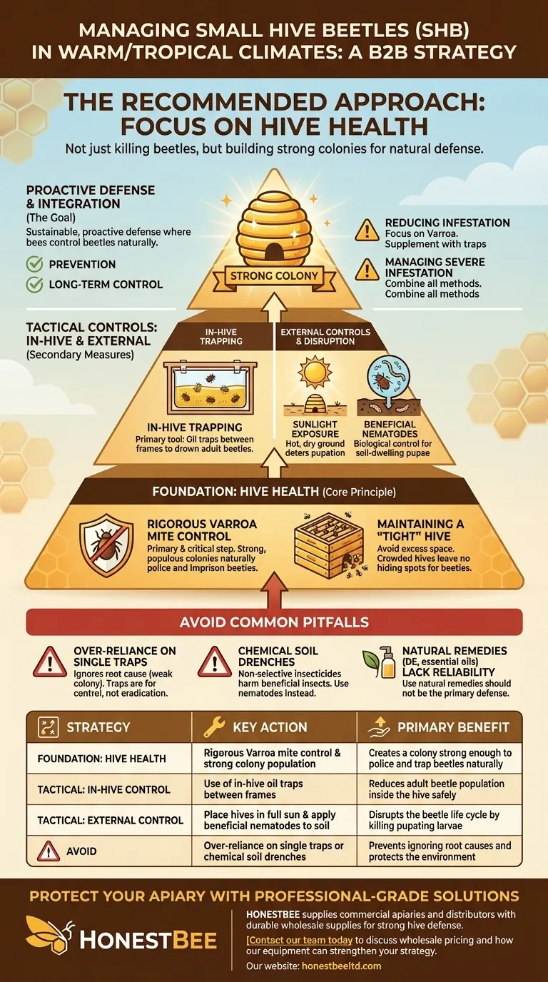 Qual è l'approccio raccomandato per gestire i piccoli coleotteri dell'alveare (Small Hive Beetles - SHB) nei climi caldi e tropicali? Costruire una forte difesa dell'alveare Guida Visiva