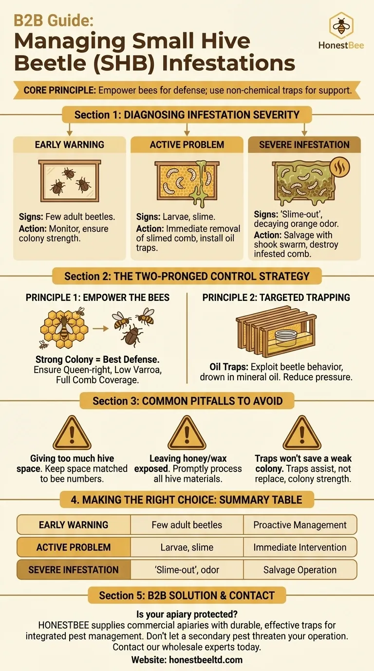 What should be done if a hive shows signs of a small hive beetle infestation? Protect Your Hive Now Visual Guide