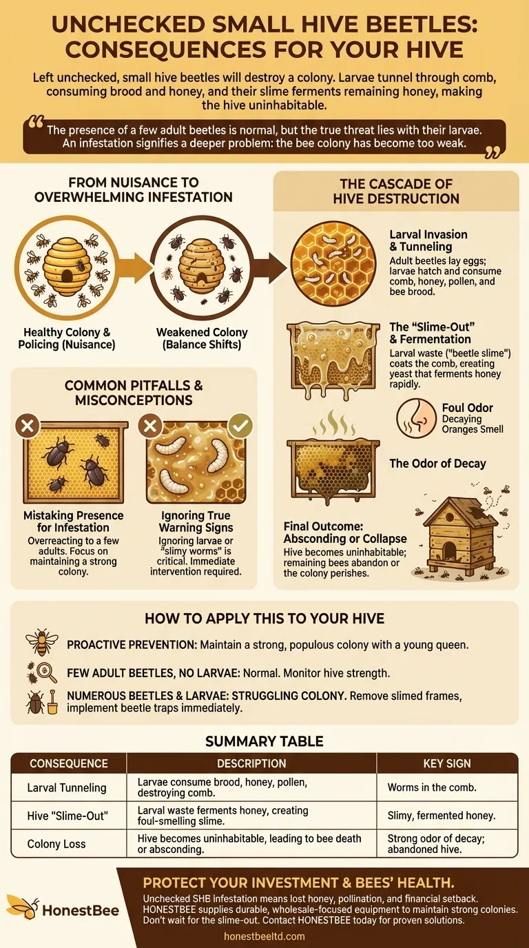 What are the consequences of unchecked small hive beetles in a hive? Prevent Total Colony Loss Visual Guide
