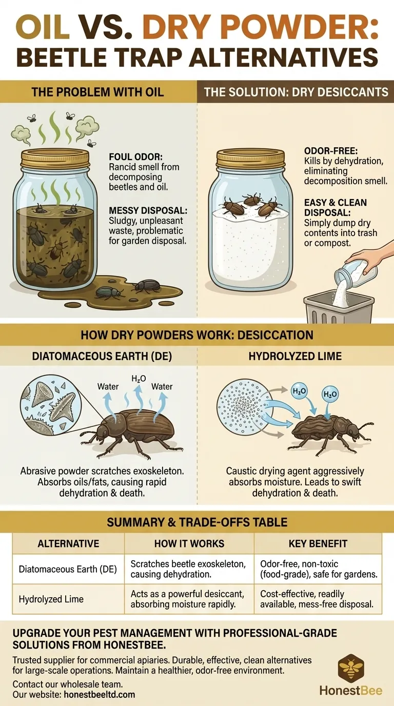 What alternative to oil is recommended for beetle traps? Switch to Dry Desiccants for a Cleaner, Odor-Free Solution Visual Guide