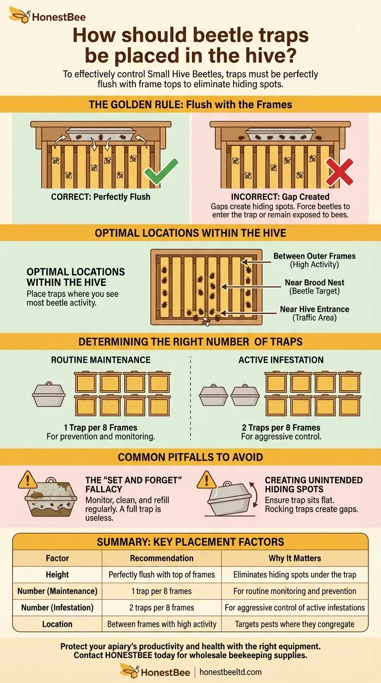 How should beetle traps be placed in the hive? Achieve Perfect Flush Placement for Maximum Control Visual Guide