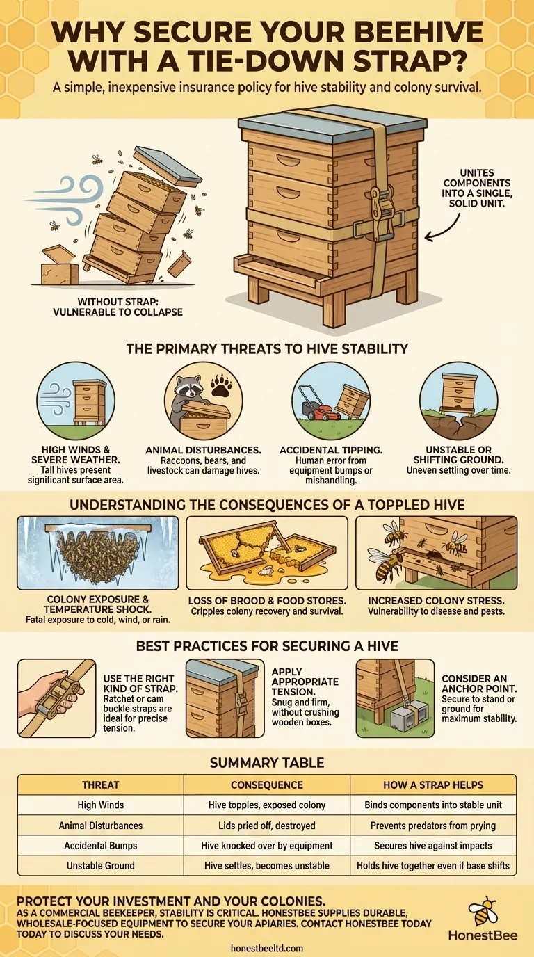 Why should a tie-down strap be used to secure a hive? Protect Your Colony from Tipping and Damage Visual Guide