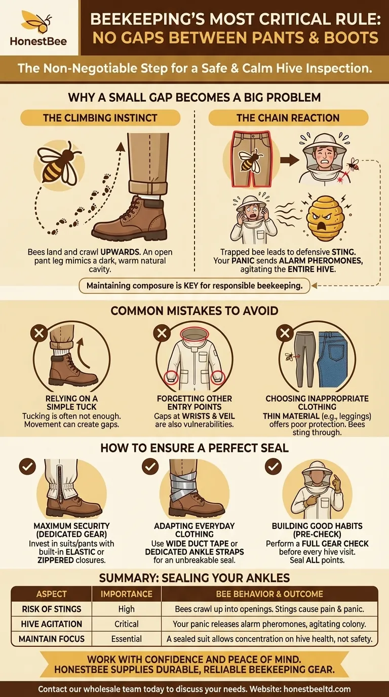 What is the importance of ensuring no gaps between pants and boots in beekeeping? Prevent Bee Intrusions & Stay Safe Visual Guide